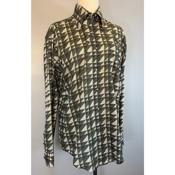 Vtg 70s Geometric Abstract Pointillism Button Front Disco Shirt Dagger Collar LG - Picture 1 of 10